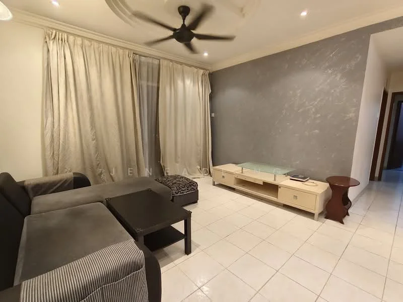 Living features: 3-seater fabric sofa in grey, black coffee table, side table, white TV console, floor-to-ceiling curtains, white tiled flooring, ceiling fan, accent wall in grey, wall with textured finish, natural light from window; style: modern.