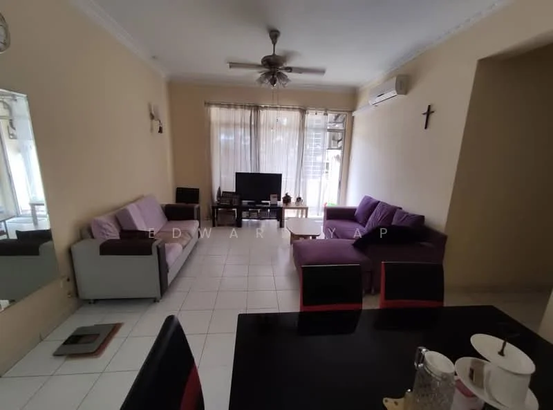 Living features: 3-seater fabric sofa in grey, 2-seater fabric sofa in purple, 2 purple accent chairs, coffee table, wall-mounted TV, floor-to-ceiling windows with sheer curtains, ceiling fan, white tiled flooring, decorative wall cross, mirrored wall, air conditioning unit; style: contemporary.