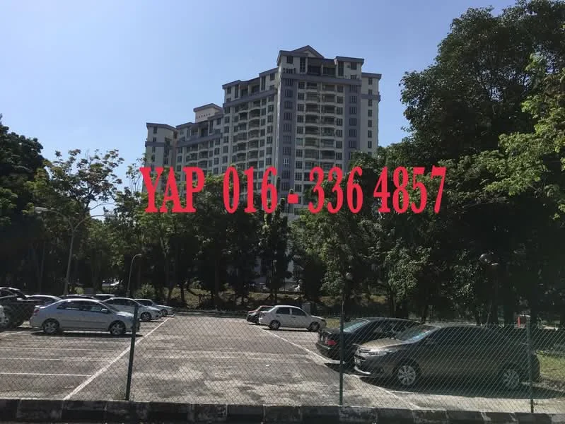 Exterior type: high-rise condominium; features: white painted facade, glass curtain wall, approximately 10-storey high-rise, manicured lawn, mature trees, open-air parking lot, surrounded by greenery; style: modern.