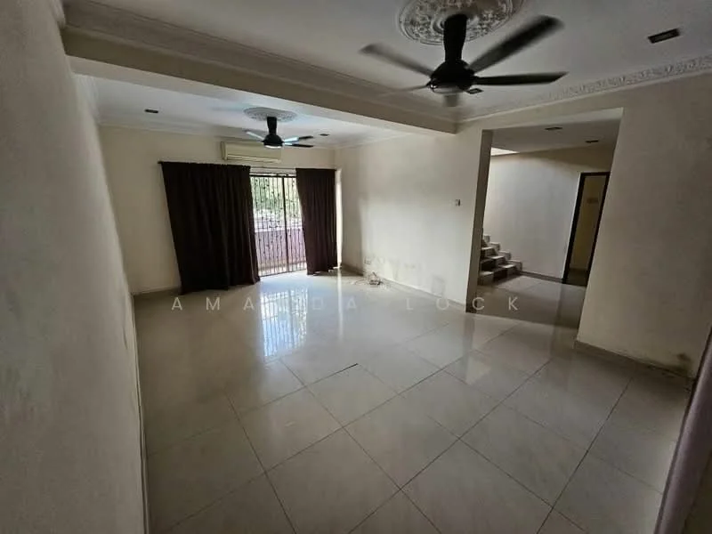 Living features: cream painted walls, glossy tile flooring, 2 ceiling fans, sliding glass door, blackout curtains, staircase visible, recessed lighting, crown moulding; style: modern; view: garden.