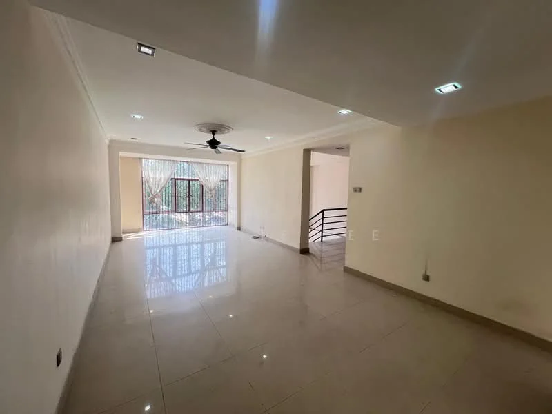 Living features: white painted walls, polished marble flooring, 5-blade ceiling fan with light, recessed LED downlights, floor-to-ceiling windows, sliding glass door, curtains, open layout, natural light, access to outdoor area; style: modern; view: garden.