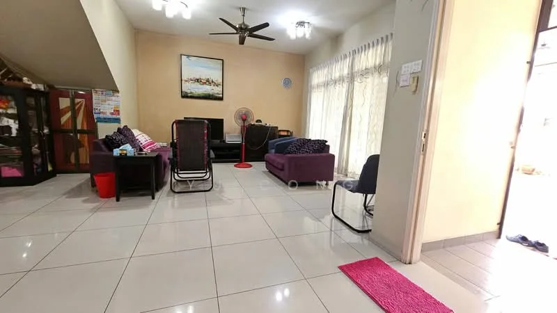 Living features: white painted walls, glossy tile flooring, 5-blade ceiling fan with light, sofa in purple upholstery, 2-seater sofa, 3-seater sofa, coffee table, TV console, floor fan, curtains, decorative wall art, area rug in pink, open layout; style: modern.