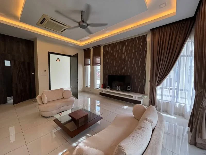 Living features: 5-blade ceiling fan with integrated LED light, recessed downlights, cream painted walls, dark wood accent wall, large floor-to-ceiling windows with sheer curtains, white ceramic tile flooring, TV console, wall-mounted TV, coffee table, 2-seater fabric sofa in cream, 2-seater fabric sofa in beige, decorative wall paneling, area rug; style: modern; view: city.