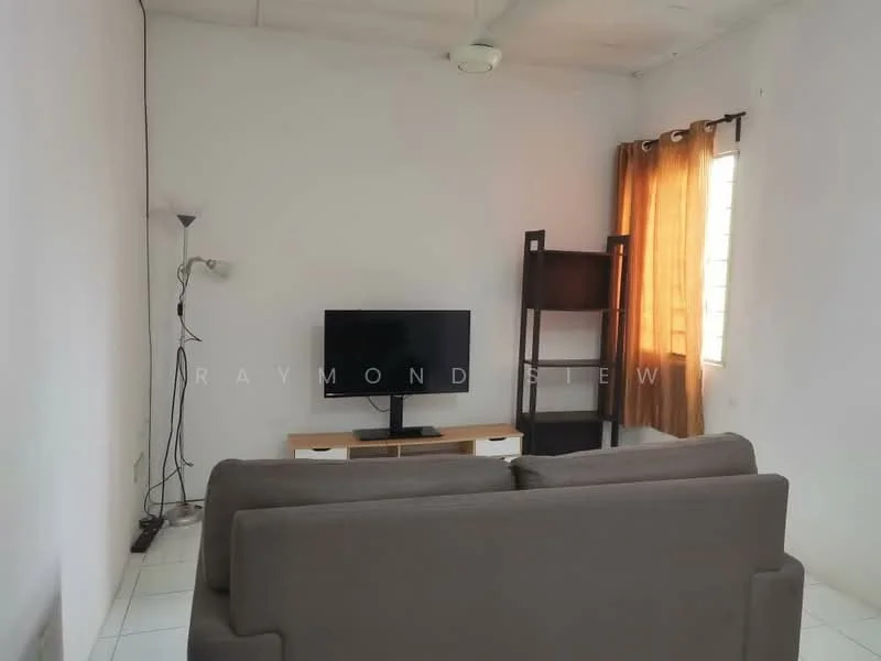 Living features: grey fabric sofa, wall-mounted TV, TV console with storage, floor lamp, curtains in orange, white painted walls, ceiling fan, tile flooring.
