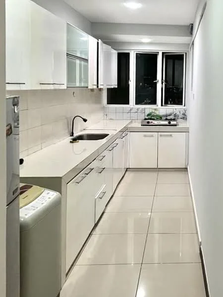 Kitchen features: white cabinetry with flat-panel doors, marble countertop, single-bowl stainless-steel sink, chrome pull-down faucet, built-in oven, 4-burner gas hob, white tiled backsplash, ceramic tile flooring, floor-to-ceiling windows, recessed downlights, washing machine, open shelving; style: modern; view: city.