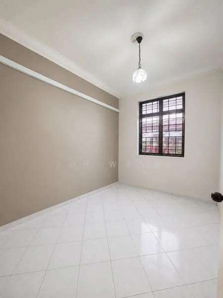 Room features: cream painted walls, white tiled flooring, single pendant light, large window with grid pattern, crown moulding.