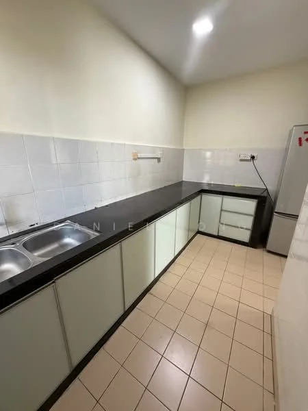 Kitchen features: double-bowl stainless-steel sink, chrome faucet, black countertop, white tiled backsplash, white lower cabinets with glass-front doors, white upper cabinets, ceramic tile flooring, refrigerator, wall-mounted electrical outlet, under-cabinet lighting; style: modern.