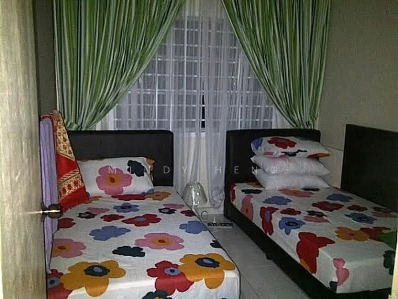 Bedroom features: two single beds with floral-patterned bedding, green striped curtains, white sheer curtains, laminate flooring, nightstand with lamp, decorative throw blanket, wall-mounted mirror, built-in wardrobe.