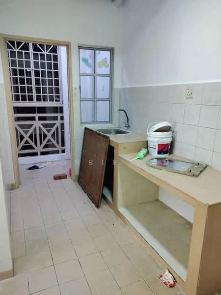 Kitchen features: single-bowl stainless-steel sink, chrome faucet, laminate countertop, wood cabinetry, tile backsplash, white tiled walls, cream tiled flooring, window with grid pattern, open space layout. Room features: door leading to another room, grid-patterned door, white painted walls.