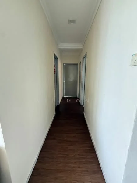 Hallway features: white painted walls, laminate flooring, ceiling with crown moulding, doorway to rooms on both sides, light switch, neutral color scheme.