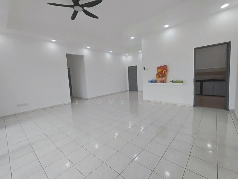 Living features: white painted walls, glossy ceramic tile flooring, recessed downlights, 5-blade ceiling fan, open layout, large windows, neutral color scheme, no visible furniture; style: modern.
