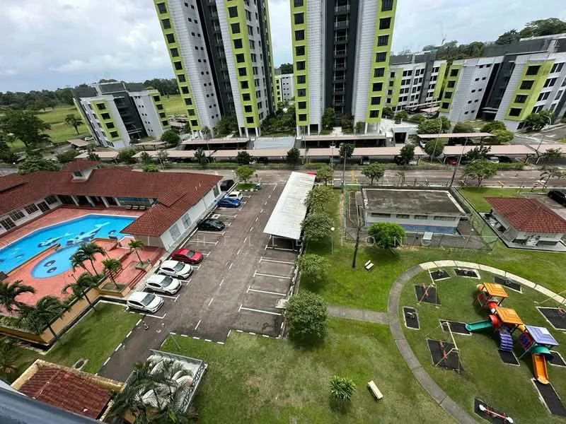 Exterior type: high-rise condominium; features: swimming pool with children's area, covered parking area, landscape garden with playground, multiple high-rise buildings, manicured lawn, paved walkways, outdoor seating area, surrounding greenery; style: modern.