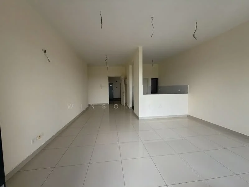 Room features: light grey tiled flooring, plain white walls, recessed ceiling lights, open layout, kitchenette area, no visible appliances, large windows, neutral color scheme; style: modern.