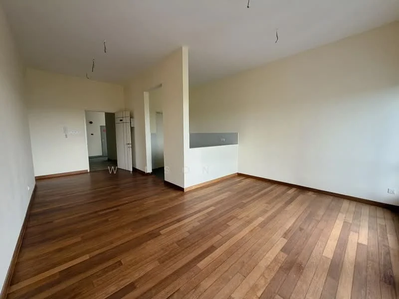 Room features: wooden flooring, white painted walls, recessed ceiling lights, open layout, large windows, kitchenette area, fridge, neutral color scheme; style: modern.