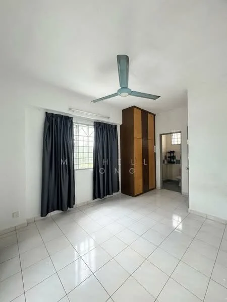 Bedroom features: white painted walls, ceramic tile flooring, 5-blade ceiling fan, floor-to-ceiling window, blackout curtains, built-in wardrobe, doorway to bathroom, natural light.