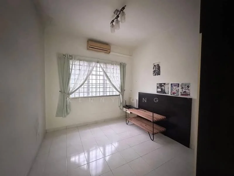 Room features: white painted walls, white ceiling, tile flooring, window with sheer curtains, wall-mounted air conditioning unit, wooden shelf unit, decorative wall art, light fixture with multiple bulbs; style: minimalist.