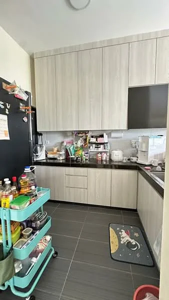Kitchen features: light wood cabinetry, black granite countertop, stainless-steel fridge, built-in oven, microwave, kitchen cart on wheels, black tile flooring, wall-mounted cabinets, sink, various kitchen appliances, decorative mat on floor; style: modern.