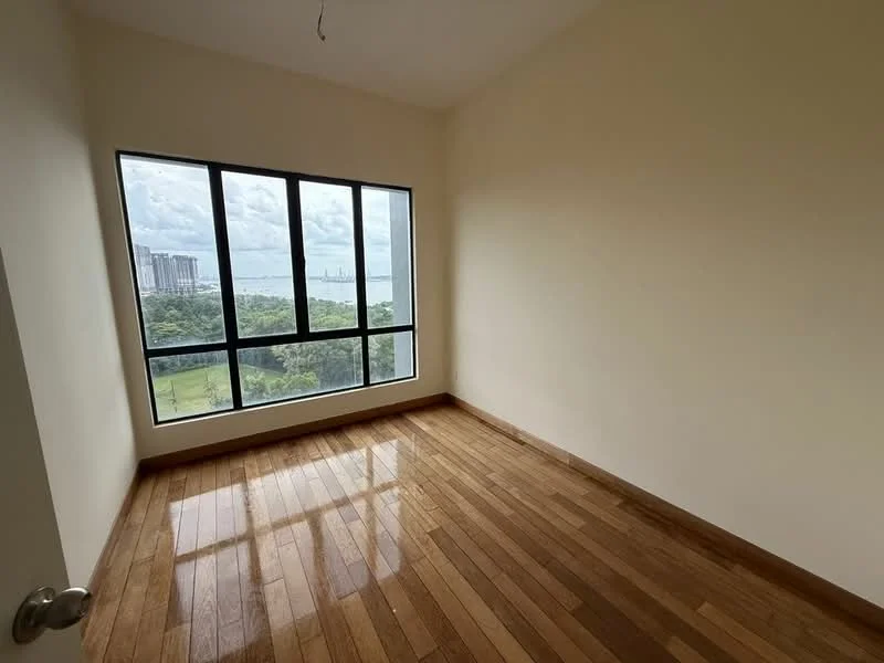 Bedroom features: wooden flooring, white painted walls, floor-to-ceiling windows, city view, natural light, no visible furniture, single light fixture, clean lines; style: modern; view: city.