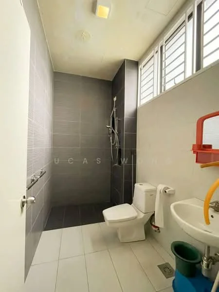 Bathroom features: walk-in shower with glass enclosure, rain shower head, handheld shower, white ceramic toilet, single-sink vanity with wall-mounted faucet, framed mirror, grey tiled walls, white tiled flooring, window with horizontal slats, built-in shelving, colorful plumbing fixtures; style: modern.