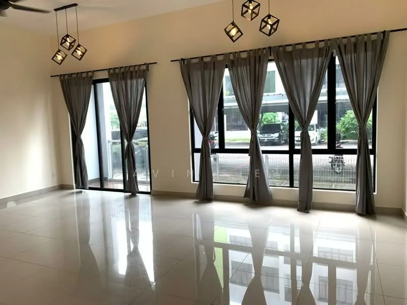 Living features: white painted walls, glossy ceramic tile flooring, 5-blade ceiling fan with light, floor-to-ceiling windows, grey sheer curtains, grey blackout curtains, sliding glass door, natural light from windows, open layout, view of outdoor area; style: modern; view: garden.