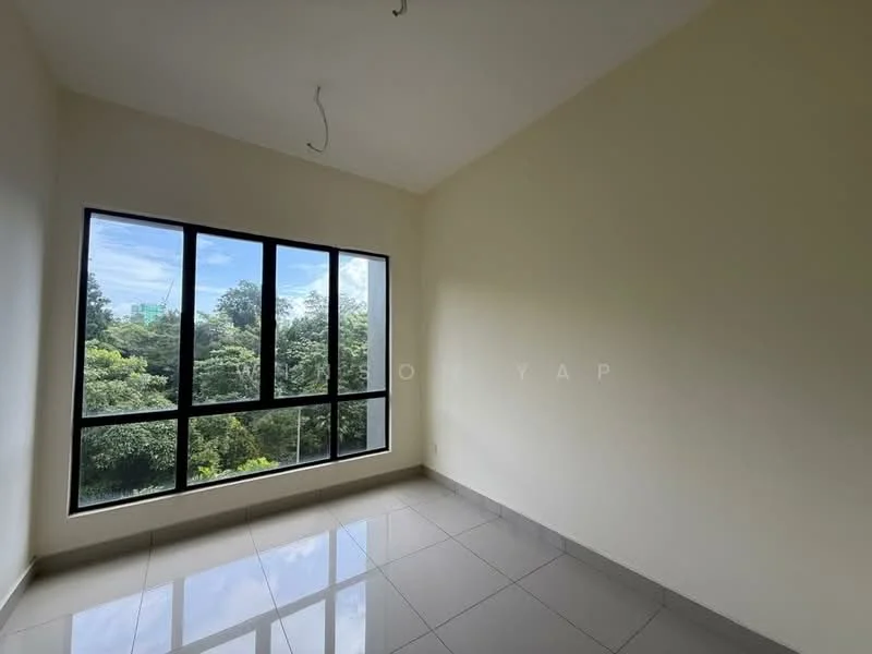 Room features: white painted walls, grey tiled flooring, floor-to-ceiling windows, view of greenery, no visible ceiling fixtures, natural light, empty space; view: garden.