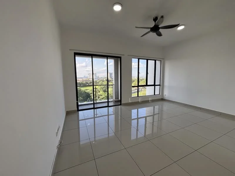 Living features: white painted walls, glossy ceramic tile flooring, 5-blade ceiling fan, floor-to-ceiling windows, sliding glass door, city view, natural light, neutral color scheme; style: modern; view: city.