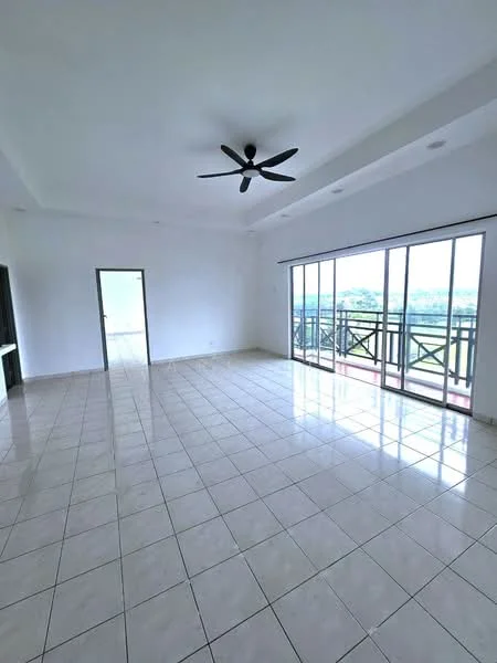Living features: white painted walls, glossy ceramic tile flooring, 5-blade ceiling fan, floor-to-ceiling windows, sliding glass door, balcony access, natural light, high ceiling; style: modern; view: garden.