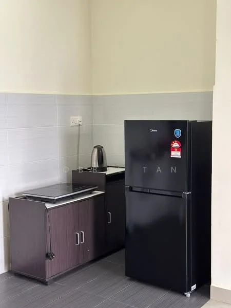 Kitchen features: black refrigerator, stainless-steel kettle, black countertop, dark wood cabinetry, grey tiled backsplash, grey tiled flooring, built-in electric stove, single-basin sink; style: modern.