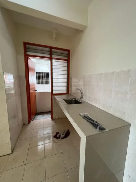 Kitchen features: single-bowl stainless-steel sink, chrome pull-down faucet, grey laminate countertop, white tiled backsplash, cream ceramic tile flooring, white painted walls, red door, window with metal grilles, open layout, utility area, drainage outlet; style: modern.