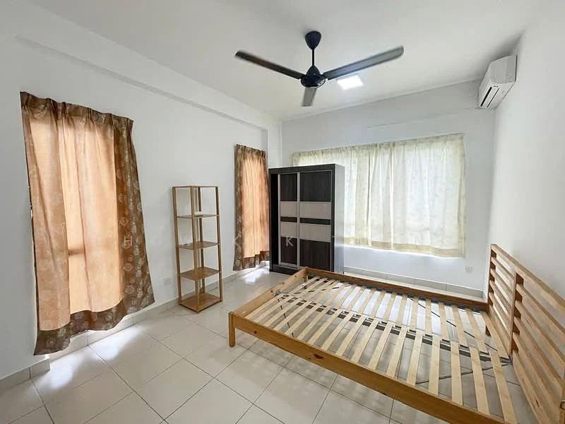 Bedroom features: wooden bed frame with slatted base, floor-to-ceiling windows, sheer curtains, brown patterned curtains, built-in wardrobe with sliding doors, open shelving unit, white painted walls, ceiling fan with light, wall-mounted split AC, tile flooring; style: modern.