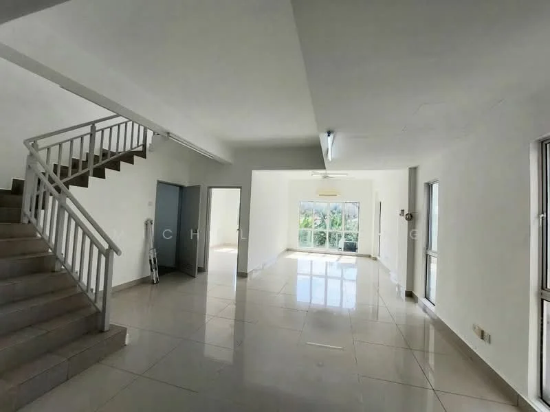 Living features: white painted walls, glossy ceramic tile flooring, large windows with natural light, sliding glass door, ceiling fan, recessed lighting, open layout, staircase with white railing, air conditioning unit; style: modern; view: garden. Room features: white painted walls, glossy ceramic tile flooring, large windows, doorway leading to another room.