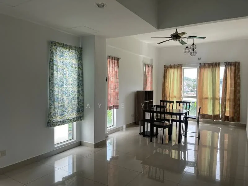 Living features: glossy tile flooring, white painted walls, ceiling fan with light, dining table with four chairs, floor-to-ceiling windows, curtains in floral pattern, curtains in solid orange, natural light from windows, open layout, view of outdoor space; style: modern; view: garden.