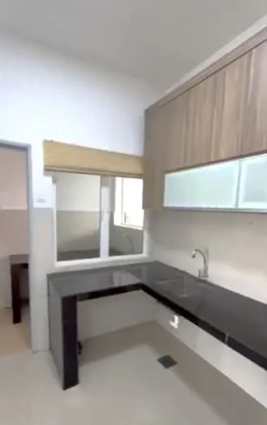 Kitchen features: black countertop, wood cabinetry, single-bowl stainless-steel sink, chrome pull-down faucet, window with blinds, tile backsplash, light-colored walls, ceramic tile flooring; style: modern. Room features: light-colored walls, tile flooring.
