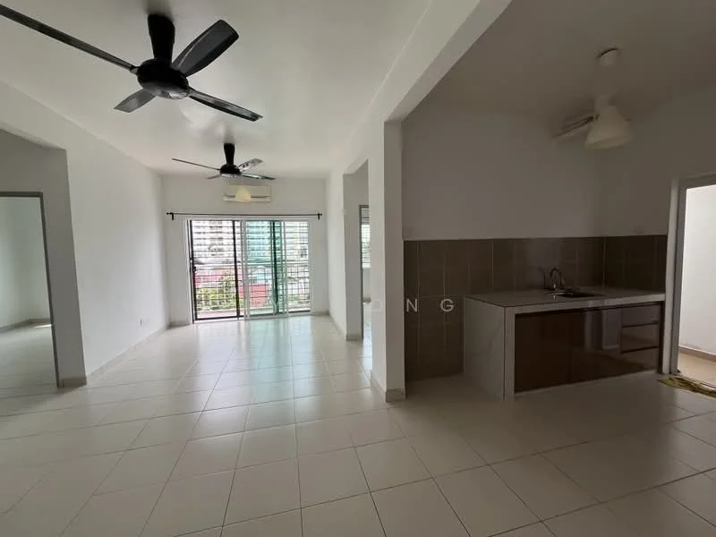 Living features: white painted walls, tile flooring, 5-blade ceiling fan, 2 ceiling fans, floor-to-ceiling windows, sliding glass door, natural light, open layout, kitchenette area with cabinetry, kitchen countertop, neutral color scheme; style: modern; view: city. Kitchen features: brown cabinetry, kitchen countertop, stainless-steel sink, wall-mounted light fixture; style: modern.