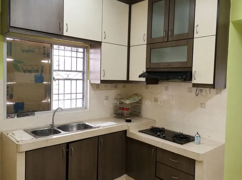 Kitchen features: single-bowl stainless-steel sink, chrome pull-down faucet, laminate countertop, brown lower cabinets, white upper cabinets, built-in gas hob, exhaust hood, tile backsplash, window with metal grille, wall-mounted storage rack; style: modern.