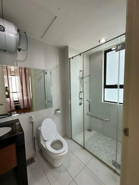 Bathroom features: white tiled walls, grey tiled flooring, glass shower enclosure, rain shower head, handheld shower, single-sink vanity with wood cabinet, framed mirror, one-piece toilet, heated towel rail, ceiling-mounted water heater; style: modern.