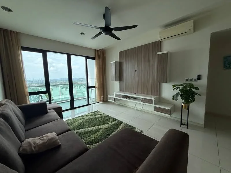 Living features: 3-seater fabric sofa in dark grey, green area rug, wall-mounted TV console in light wood, floor-to-ceiling windows, sheer curtains, ceiling fan with 5 blades, wall-mounted air conditioning unit, decorative plant in ceramic pot, light-colored tiled flooring, neutral painted walls; style: modern; view: city.