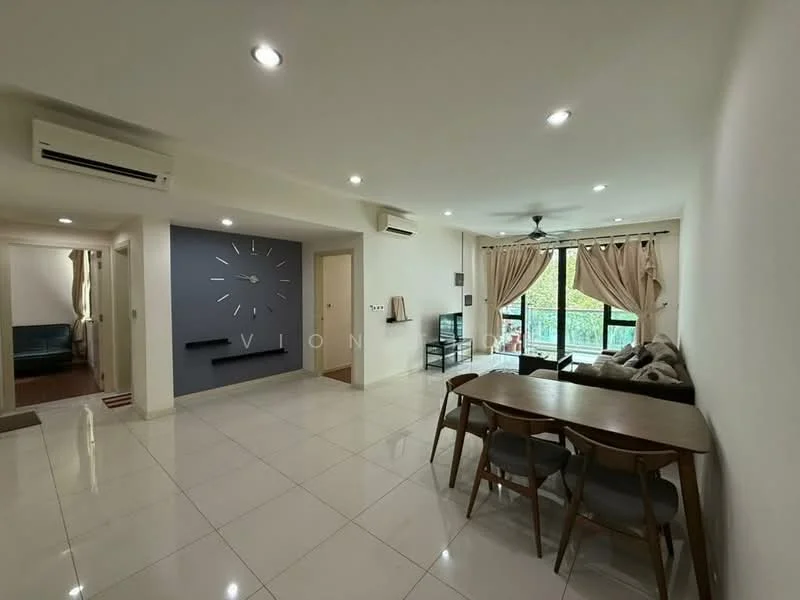 Living features: white painted walls, glossy ceramic tile flooring, 5-blade ceiling fan with light, recessed downlights, floor-to-ceiling windows, sheer curtains, grey accent wall, wooden dining table with four chairs, sofa, decorative wall clock; style: modern; view: garden. Room features: white painted walls, glossy ceramic tile flooring, doorway leading to another room.