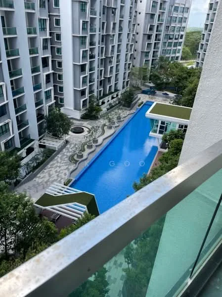 Exterior type: high-rise condominium; features: infinity pool, pool deck with loungers, landscaped garden, manicured pathways, surrounding greenery, modern architectural design, multiple residential blocks, outdoor seating areas; style: modern.