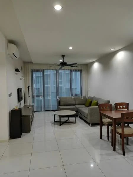 Living features: 3-seater fabric sofa in grey, coffee table, TV console, wall-mounted TV, dining table with 4 chairs, white painted walls, glossy white tile flooring, 5-blade ceiling fan, recessed LED downlights, floor-to-ceiling sliding glass door, sheer curtains; style: modern.