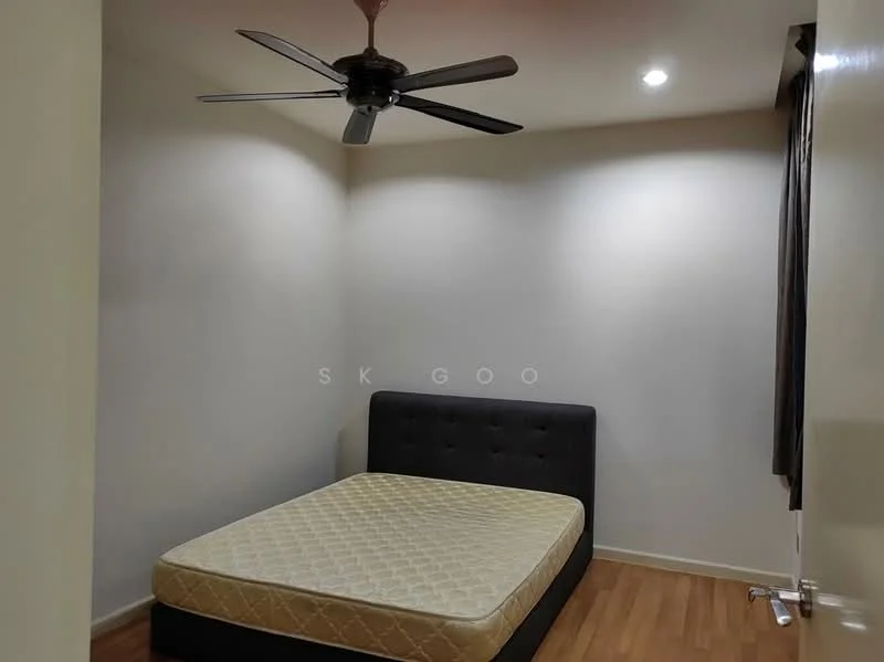 Bedroom features: queen-size bed frame without mattress, wooden flooring, white painted walls, 5-blade ceiling fan, single window with dark curtains, light ceiling lights; style: modern.
