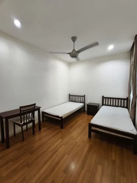 Bedroom features: two single beds with wooden frames, wooden study desk, wooden chair, nightstand, ceiling fan, recessed lighting, laminate wood flooring, white painted walls, curtains; style: modern.