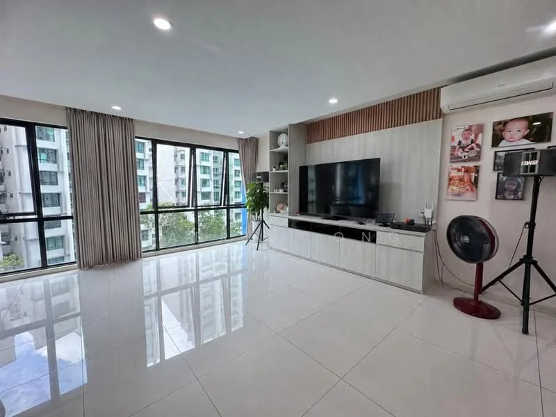 Living features: large floor-to-ceiling windows, white painted walls, glossy white tile flooring, built-in TV console in white, wall-mounted flat-screen TV, decorative wall paneling, air conditioning unit, standing fan, curtains, framed photographs on wall, indoor plant; style: modern; view: city.