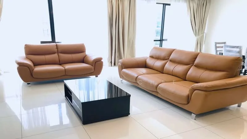 Living features: 2-seater leather sofa in tan, 3-seater leather sofa in tan, black coffee table, large floor-to-ceiling windows, sheer curtains, white walls, glossy tile flooring, recessed downlights; style: modern.