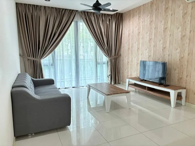 Living features: grey fabric 3-seater sofa, wood coffee table, white TV console, wall-mounted TV, floor-to-ceiling windows, sheer curtains, dark brown accent wall, white painted walls, recessed downlights, glossy tile flooring, ceiling fan with light; style: modern.