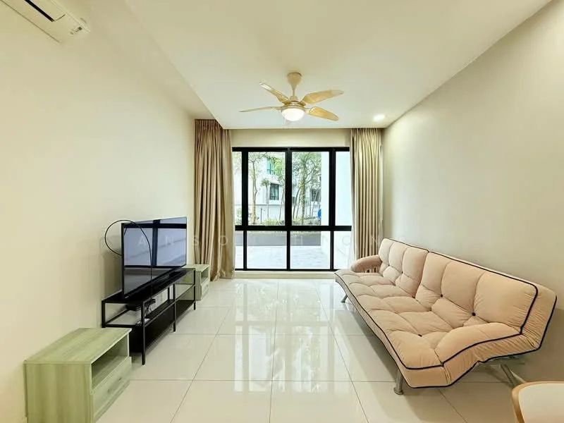 Living features: 3-seater fabric sofa in beige, flat-screen TV on TV console, green wooden TV console, white tiled flooring, ceiling fan with light, floor-to-ceiling windows, curtains, natural light from windows; style: modern; view: garden.
