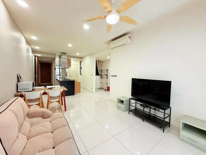 Living features: 3-seater fabric sofa in beige, coffee table, wall-mounted TV, TV console, ceiling fan with light, recessed LED downlights, white painted walls, glossy white tile flooring, air conditioning unit, open layout to kitchen and dining area; style: modern. Dining features: 4-seater dining table, wooden dining chairs, open layout to living area; style: modern. Kitchen features: kitchen island, stainless-steel sink, built-in oven, stainless-steel range hood, cabinets with wood finish, countertop with dark finish; style: modern.
