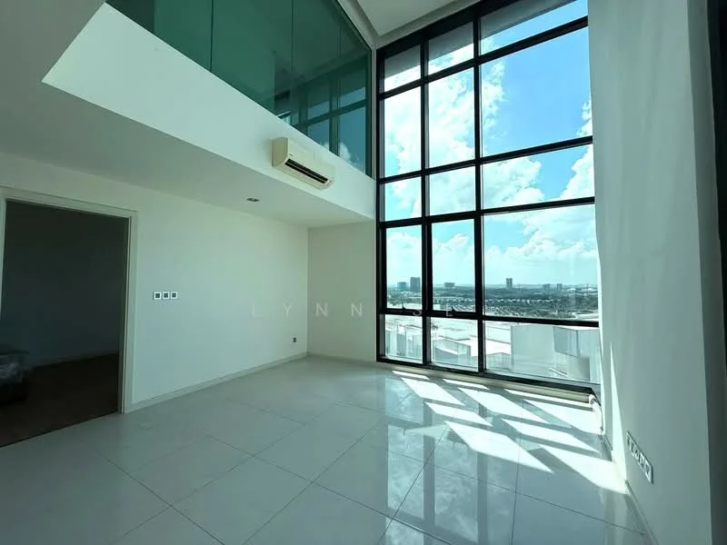 Living features: floor-to-ceiling windows, white painted walls, polished tile flooring, air conditioning unit, high ceiling, natural light, city view, open layout; style: modern; view: city.