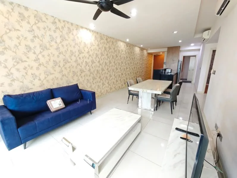 Living features: blue fabric sofa, marble coffee table, marble dining table, 4 dining chairs, TV console, wall-mounted TV, white tiled flooring, floral wallpaper, ceiling fan, recessed downlights, open layout, kitchen visible in background; style: modern.