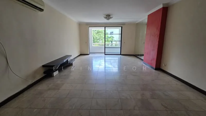 Living features: white painted walls, red accent wall, marble tile flooring, ceiling rose, 5-blade ceiling fan, sliding glass door, floor-to-ceiling windows, balcony access, built-in shelf, natural light; style: modern; view: garden.